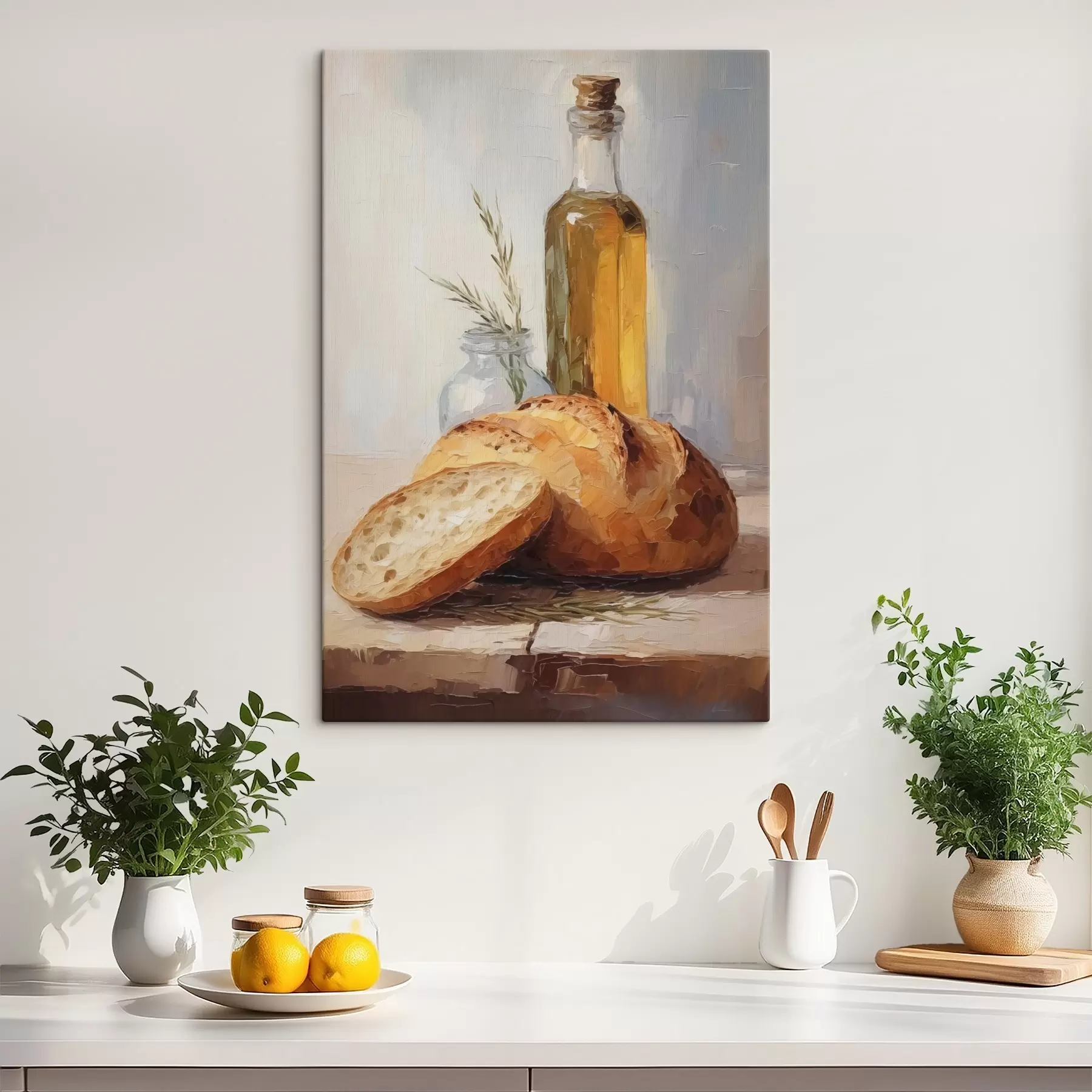 Fototapete Brot und eine Flasche Öl, Gemäldeimitation s46759