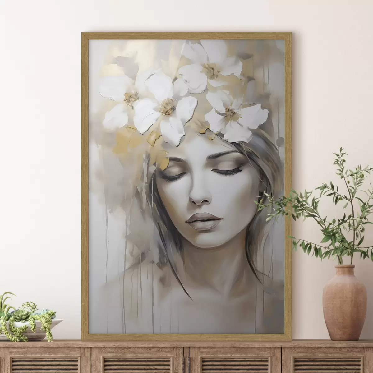 Poster Abstraktes Porträt eines Mädchens mit Blumen, Nachahmung eines Gemäldes f46756