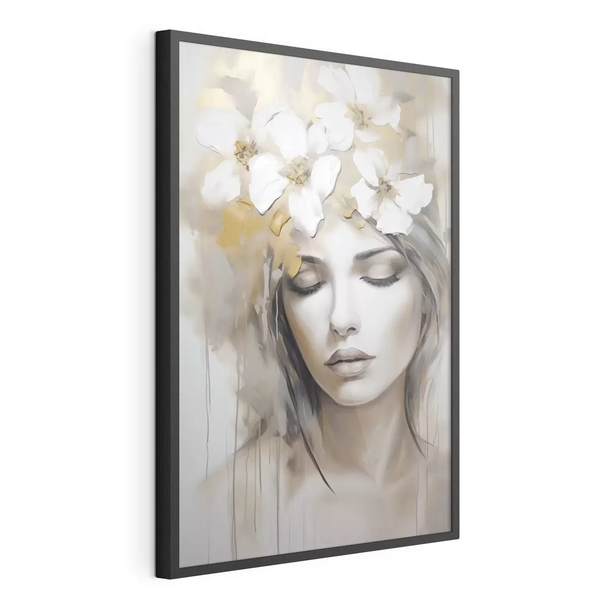 Poster Abstraktes Porträt eines Mädchens mit Blumen, Nachahmung eines Gemäldes f46756