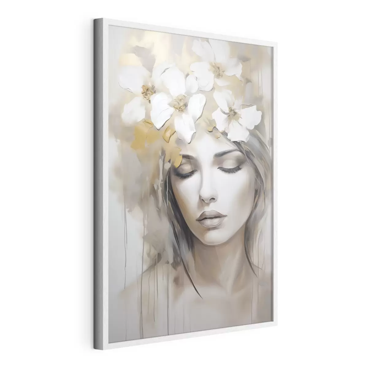 Poster Abstraktes Porträt eines Mädchens mit Blumen, Nachahmung eines Gemäldes f46756