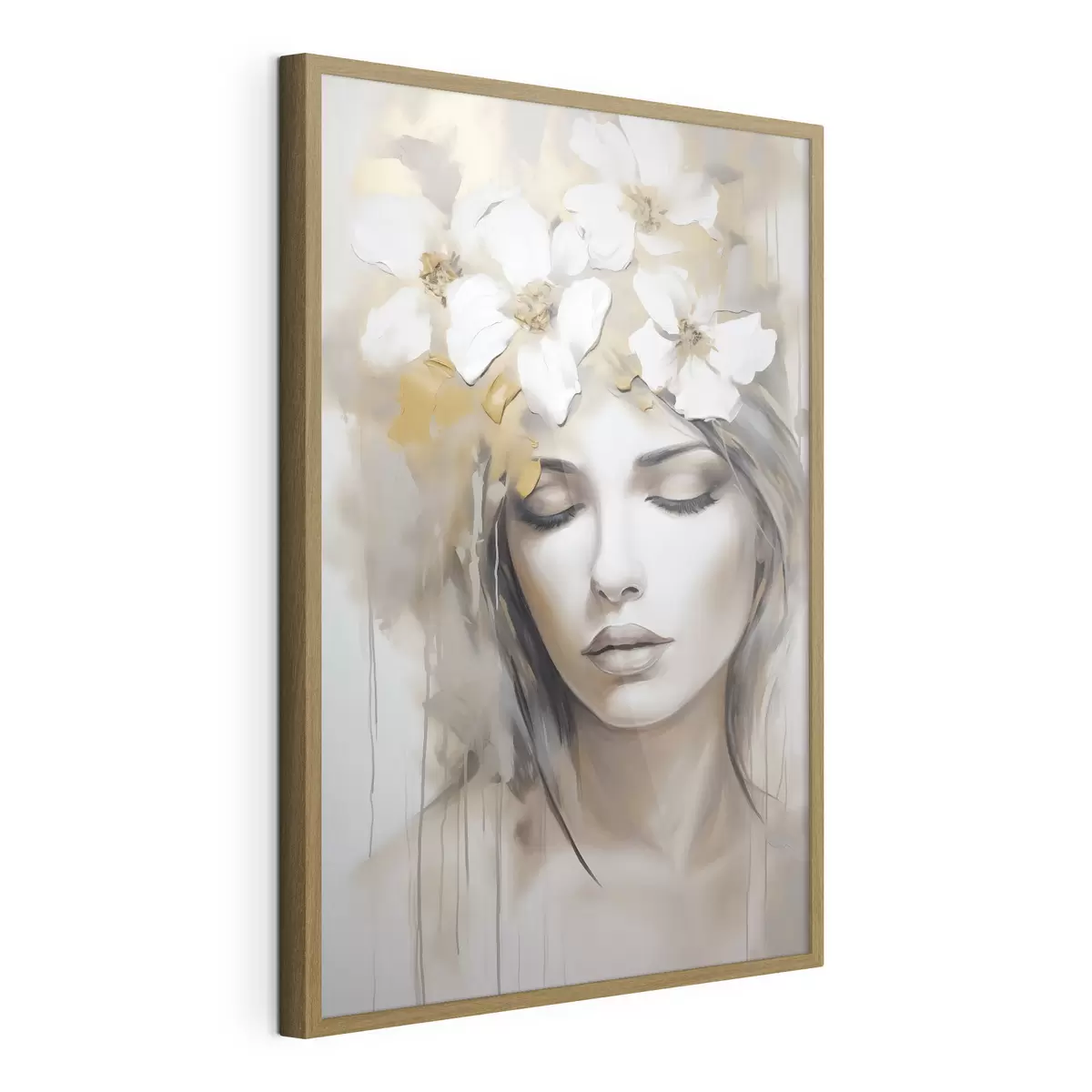 Poster Abstraktes Porträt eines Mädchens mit Blumen, Nachahmung eines Gemäldes f46756