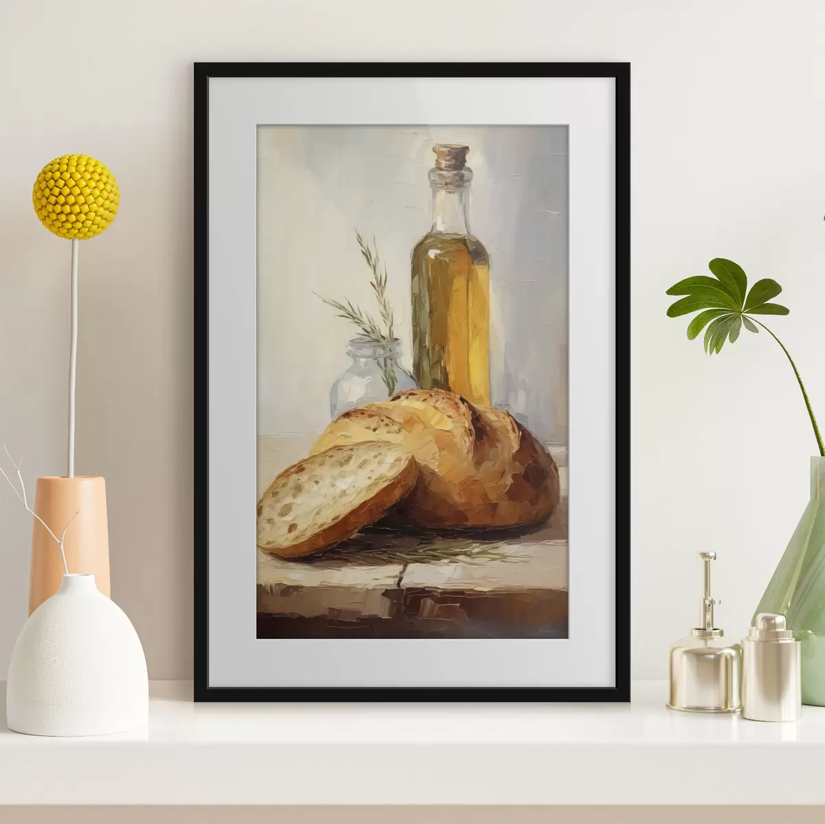 Poster Brot und eine Flasche Öl, Gemäldeimitation f46759