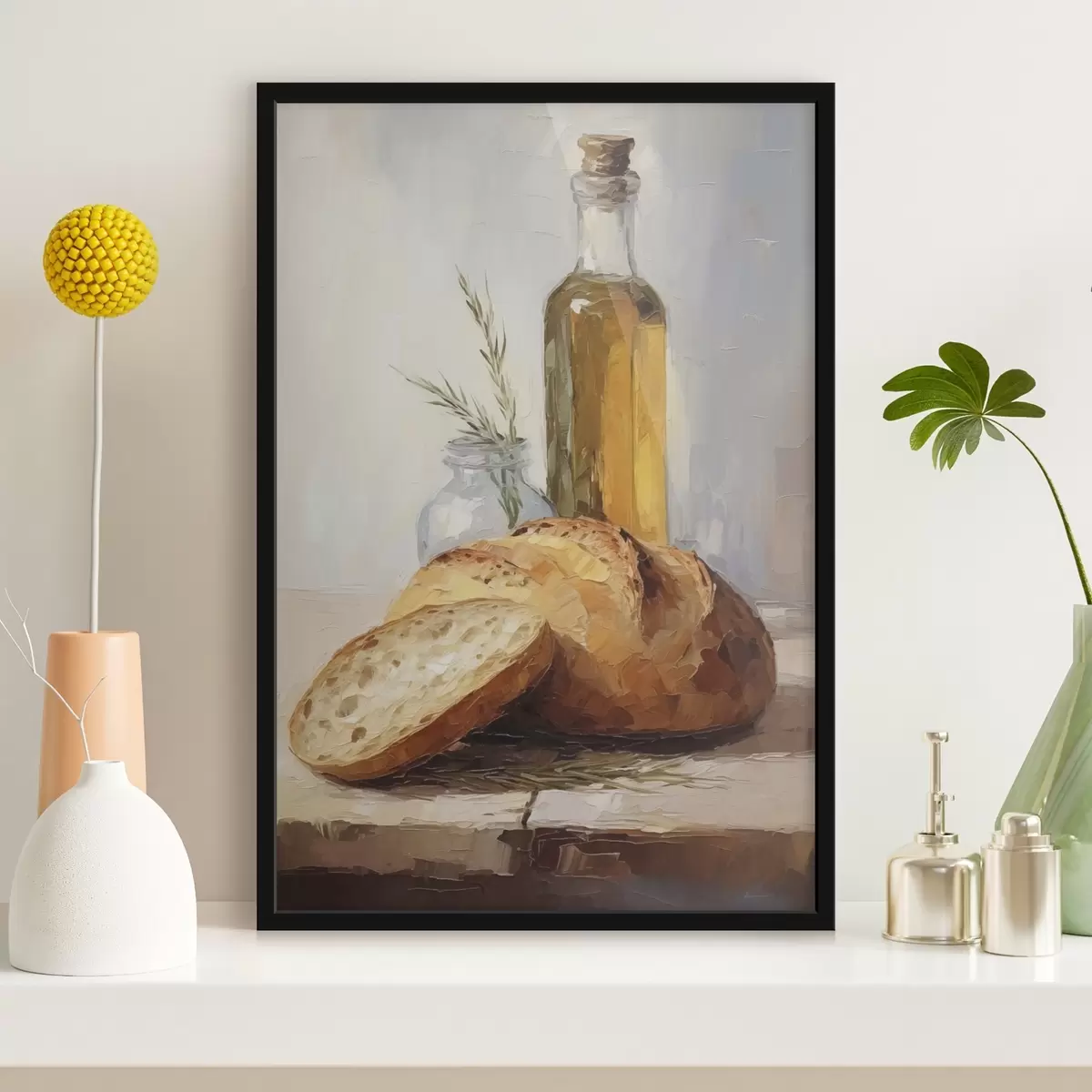 Poster Brot und eine Flasche Öl, Gemäldeimitation f46759