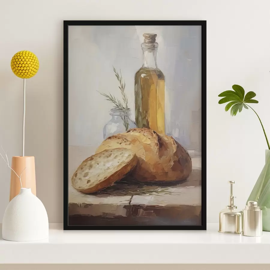 Fototapete Brot und eine Flasche Öl, Gemäldeimitation f46759