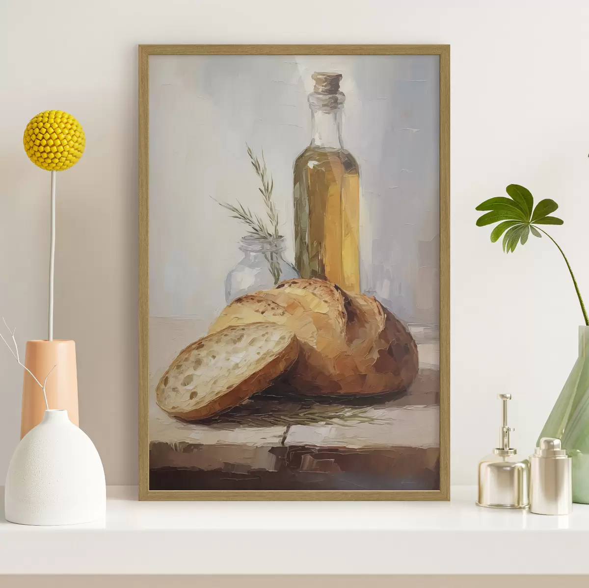 Poster Brot und eine Flasche Öl, Gemäldeimitation f46759