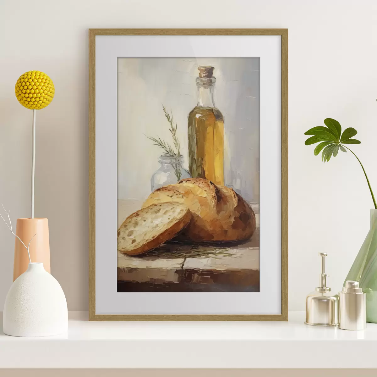 Poster Brot und eine Flasche Öl, Gemäldeimitation f46759