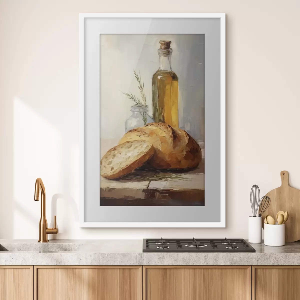 Poster Brot und eine Flasche Öl, Gemäldeimitation f46759