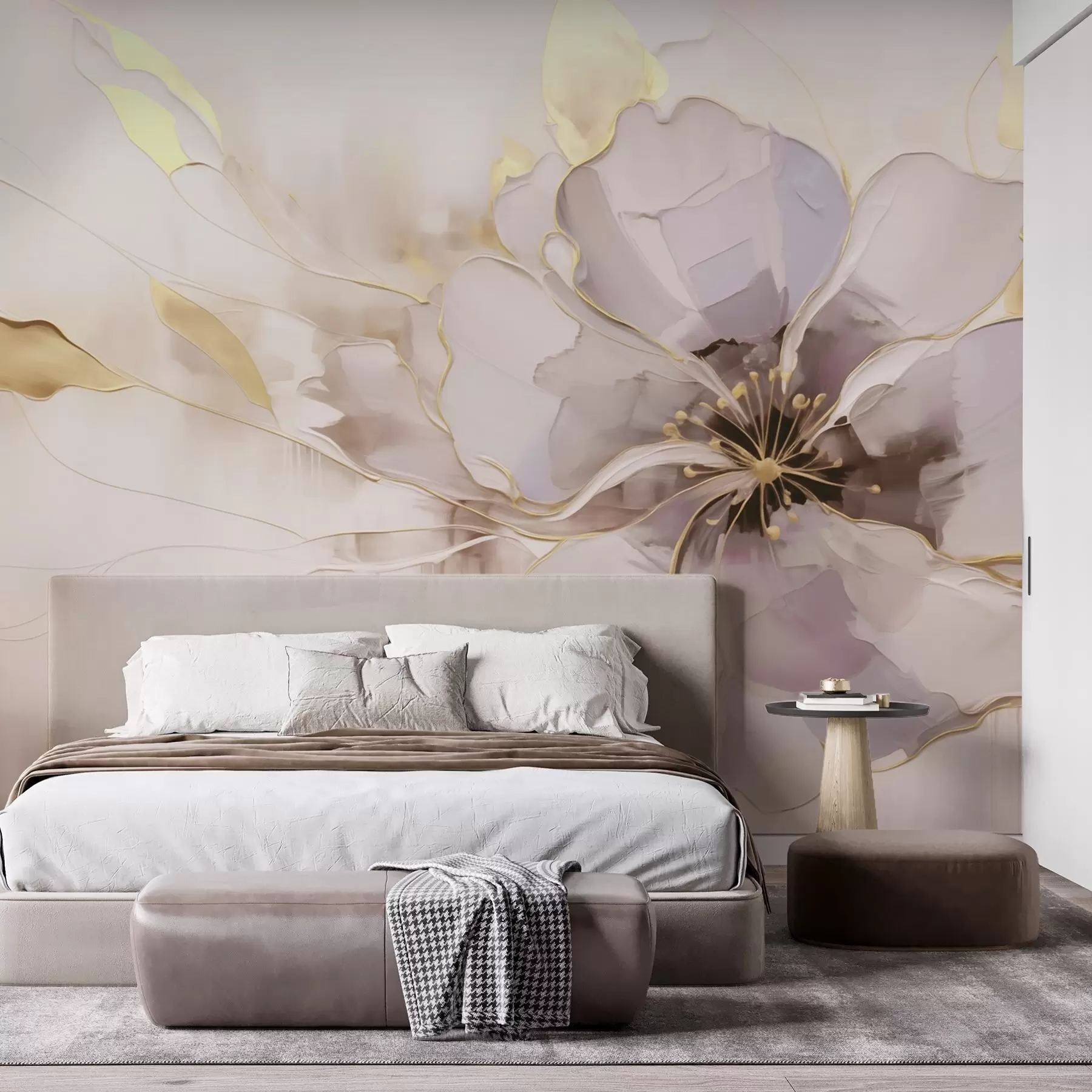 Fototapete Blaue Blume mit gelben Akzenten in einem abstrakten Pinselstrichstil w09505