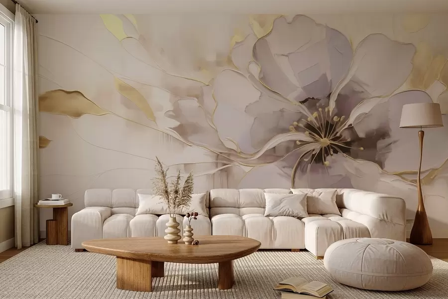 Fototapete Blaue Blume mit gelben Akzenten in einem abstrakten Pinselstrichstil w09505