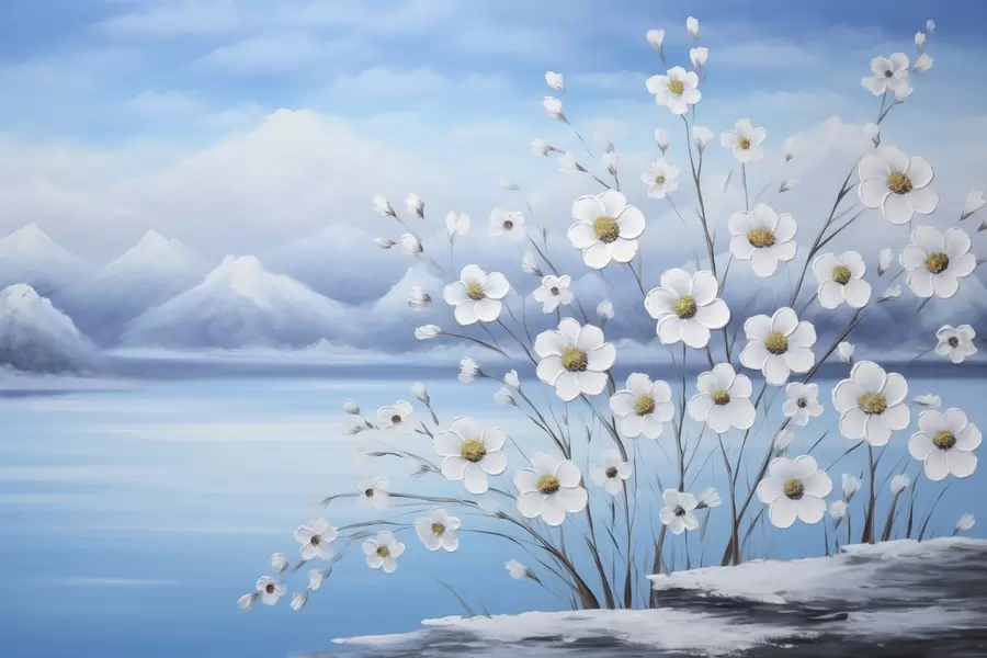 Fototapete Weiße Frühlingsblumen an einem zugefrorenen See mit schneebedeckten Bergen im Ölgemälde-Stil w09526
