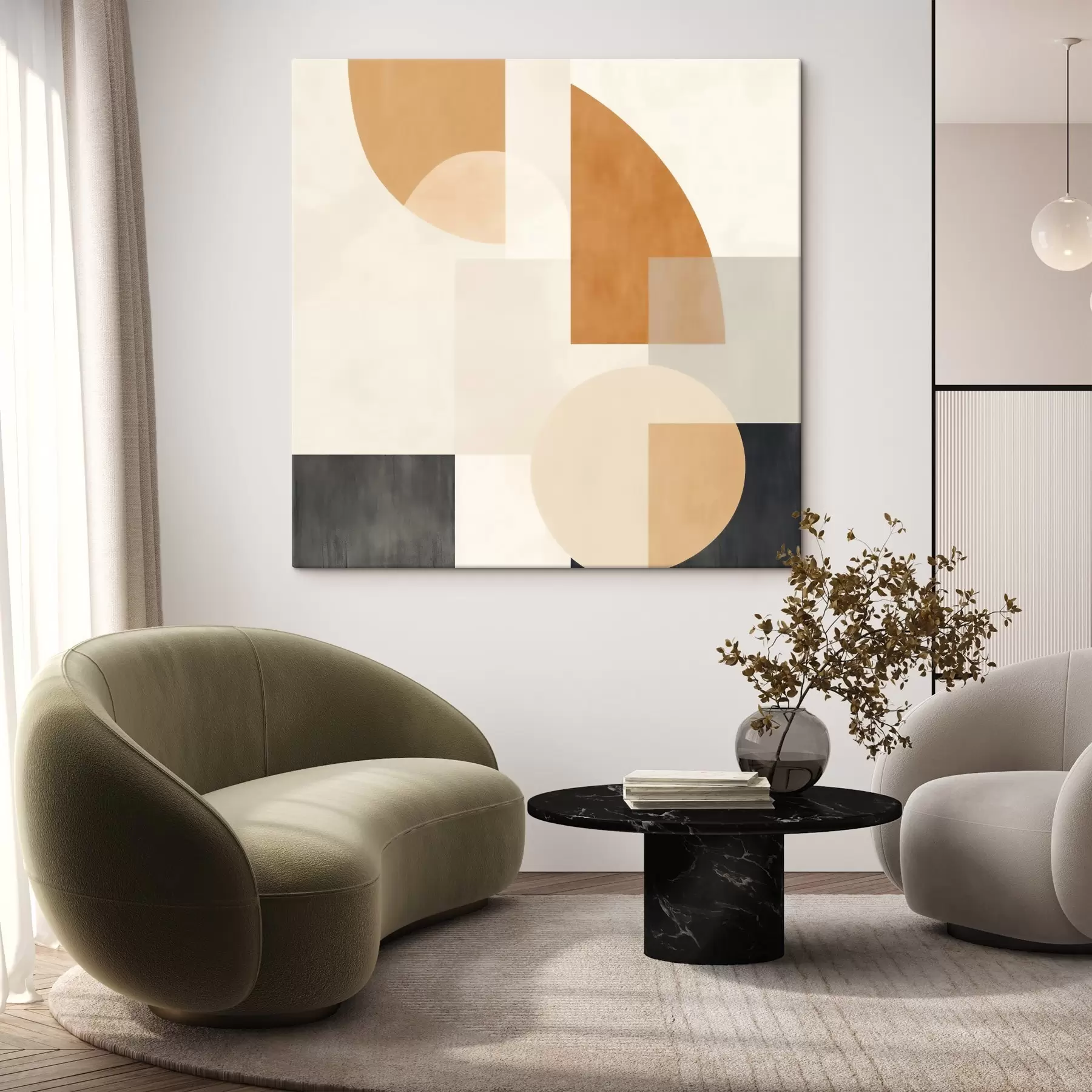 Fototapete Künstlerische Geometrie, die abgerundete und lineare Formen kombiniert s46665