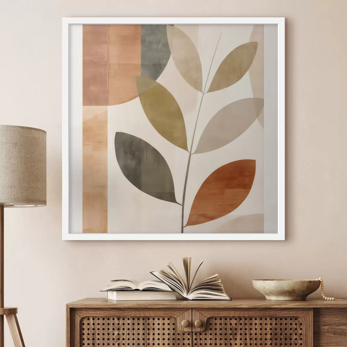 Poster Warme Blattkomposition in einem lyrischen, minimalistischen Stil f46646