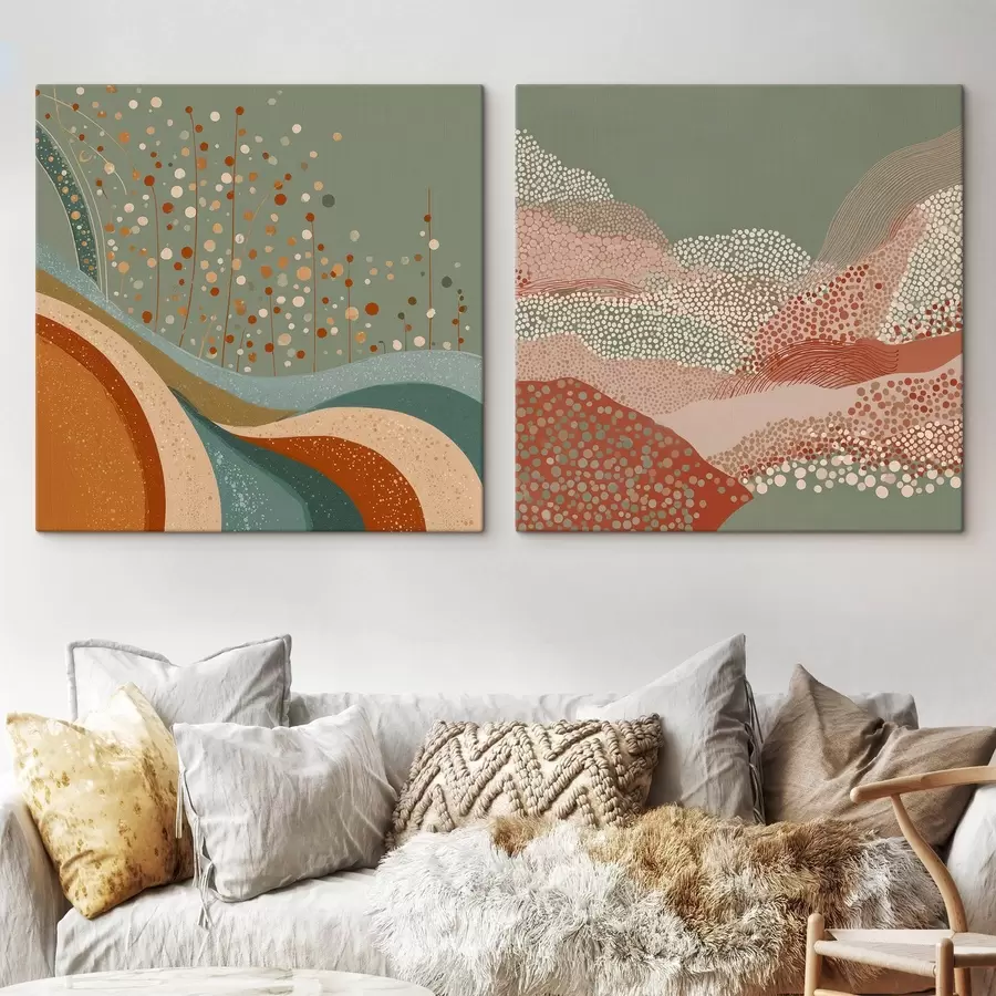 Fototapete Zweiteilige abstrakte Landschaft mit gepunkteten und wellenförmigen Elementen m00987