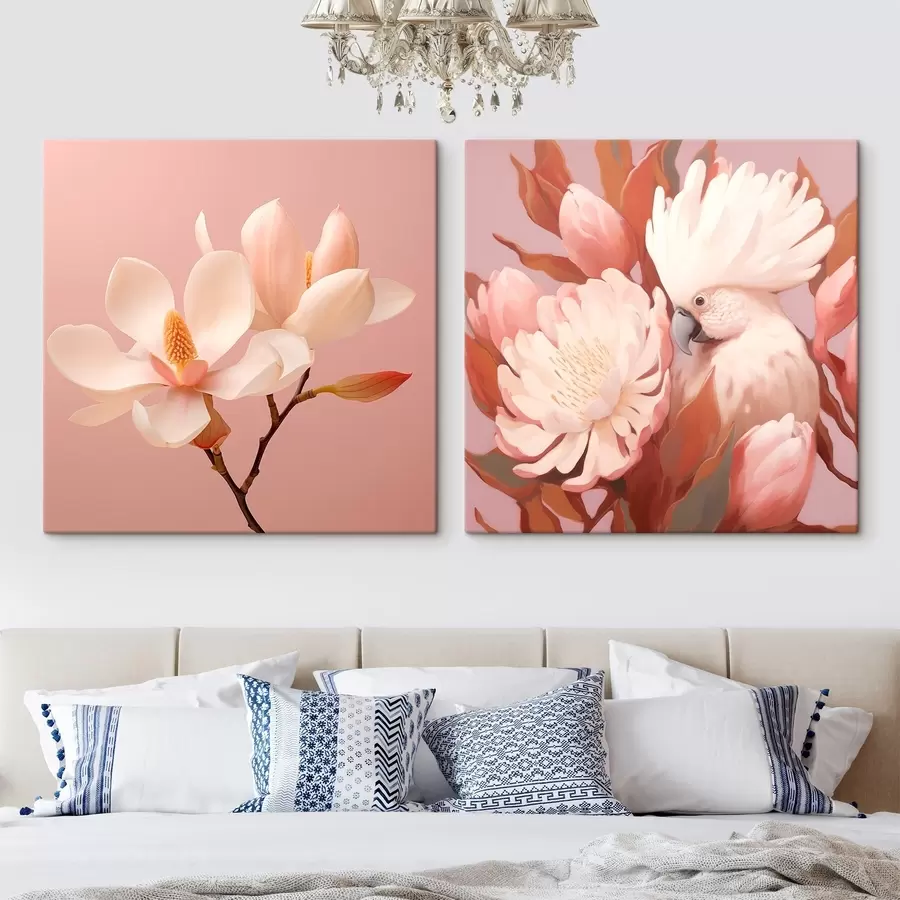 Fototapete Blumenarrangement mit einem Vogel in künstlerischem Illustrationsstil m00994