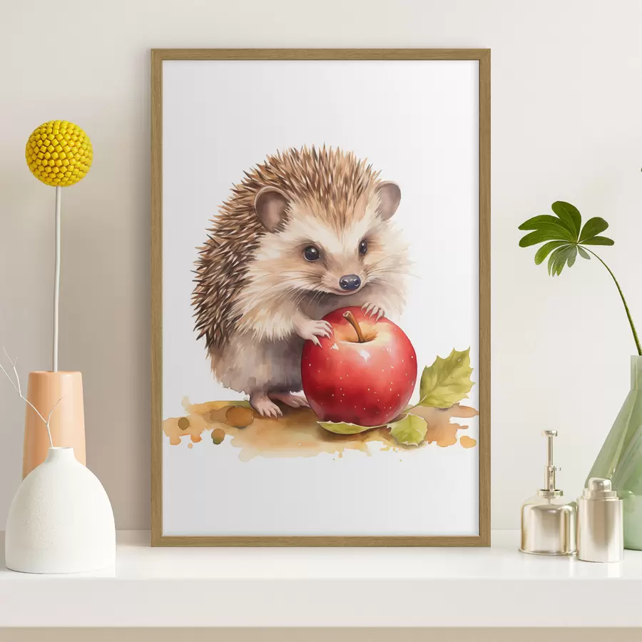 Fototapete Igel und Apfel, Aquarellimitation f46769
