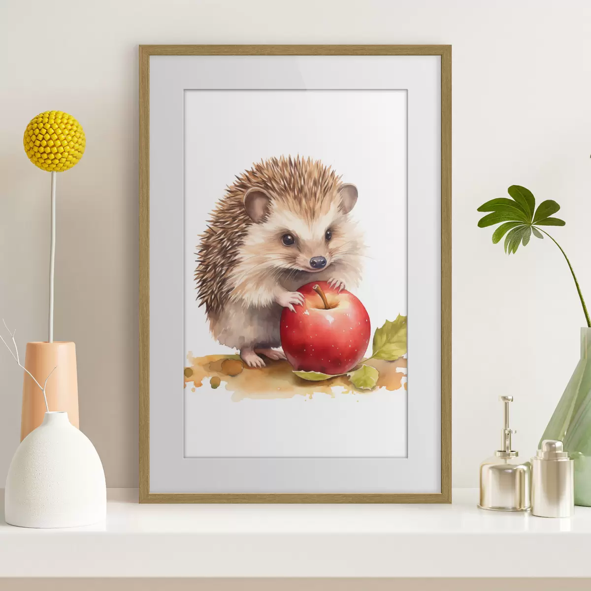 Poster Igel und Apfel, Aquarellimitation f46769