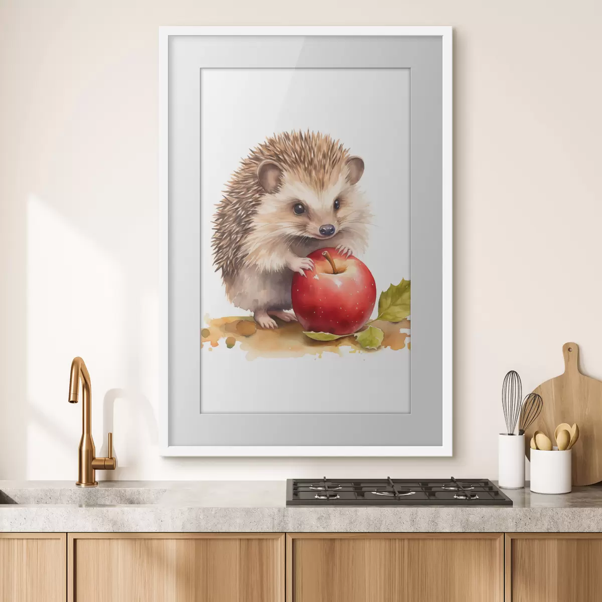 Poster Igel und Apfel, Aquarellimitation f46769