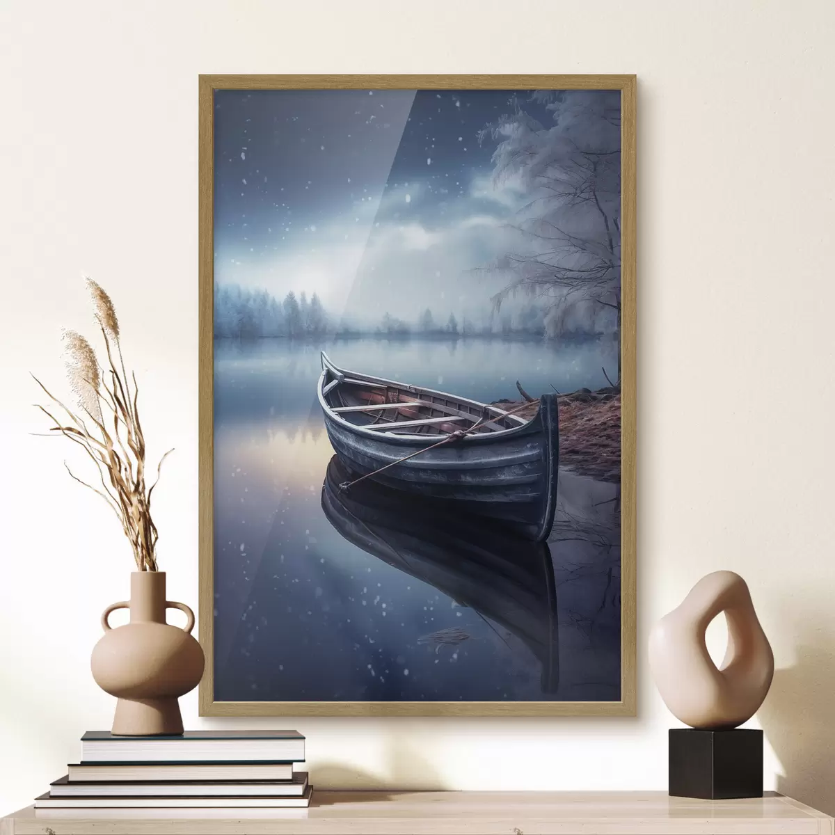 Poster Leeres Boot an einem winterlichen See f46773