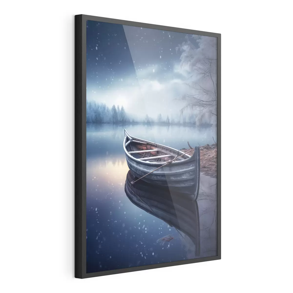 Poster Leeres Boot an einem winterlichen See f46773