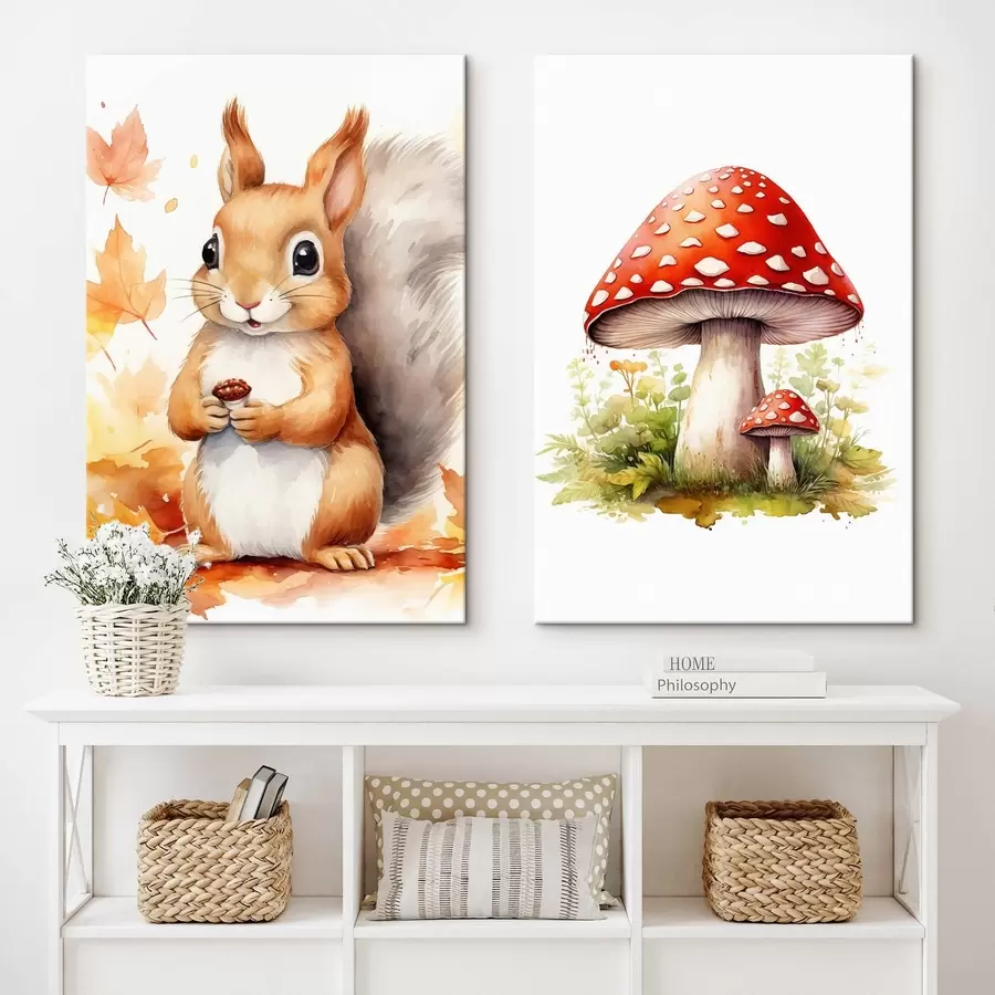 Fototapete Eichhörnchen und Waldpilz, Fliegenpilz, Aquarellimitation m01049