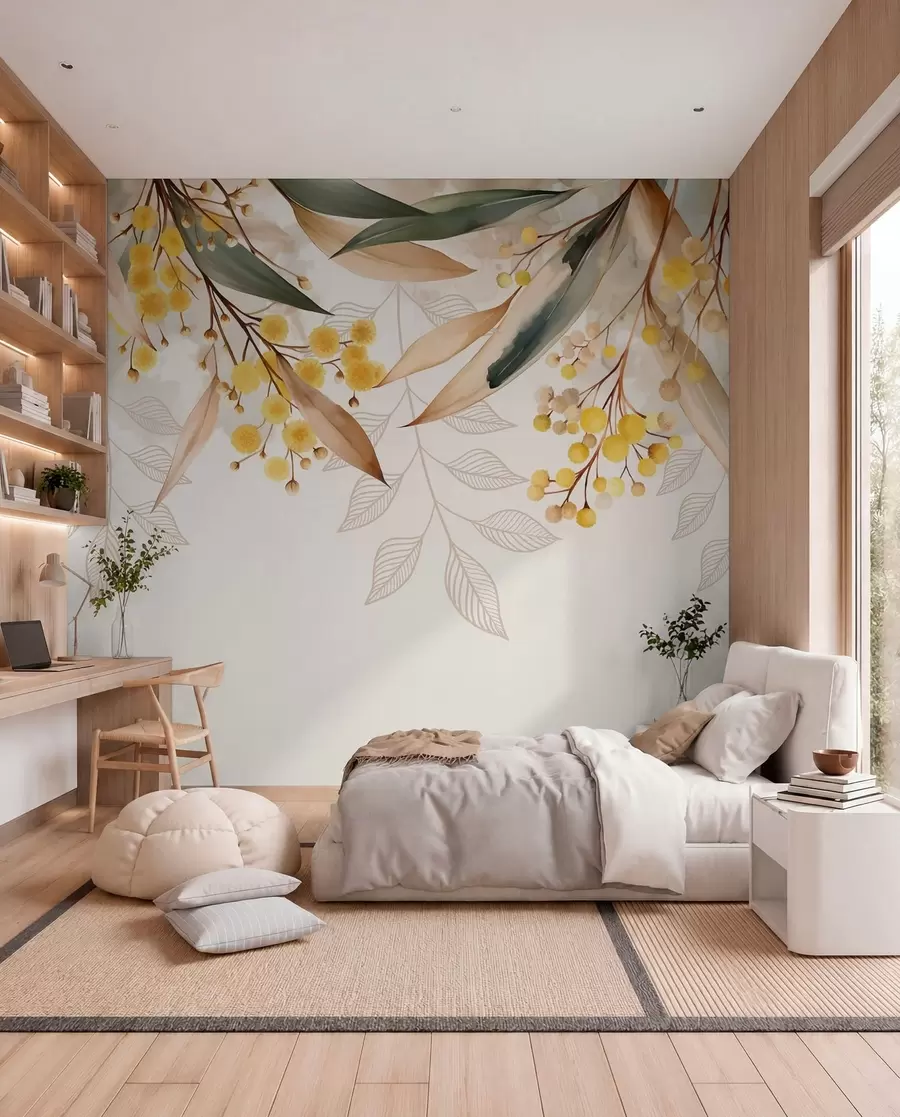 Fototapete Blüten und Blätter der Mimose, die im Aquarellstil von oben herabfallen w04880