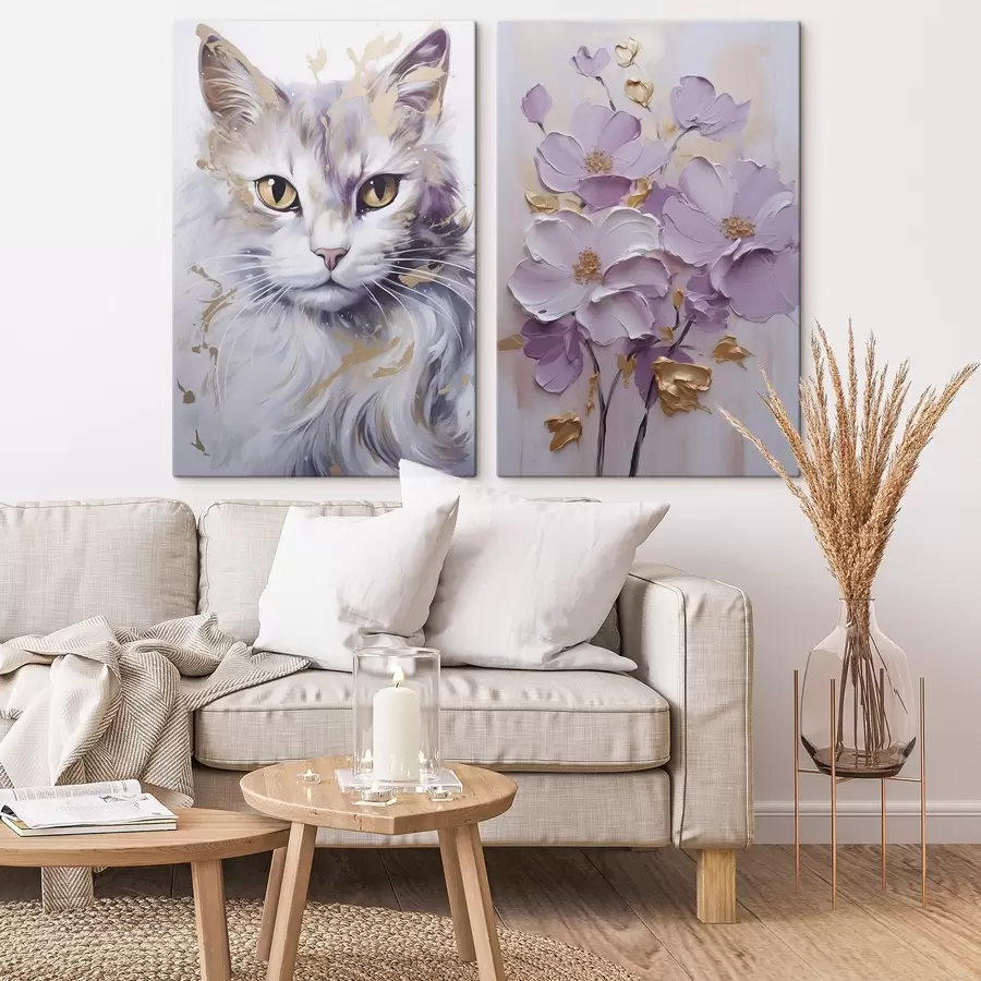 Fototapete Abstrakte Blumen und eine Katze m01056