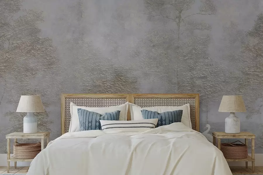 Fototapete Nebelverhangener Wald mit einem weißen Reiher und weicher Textur w04953