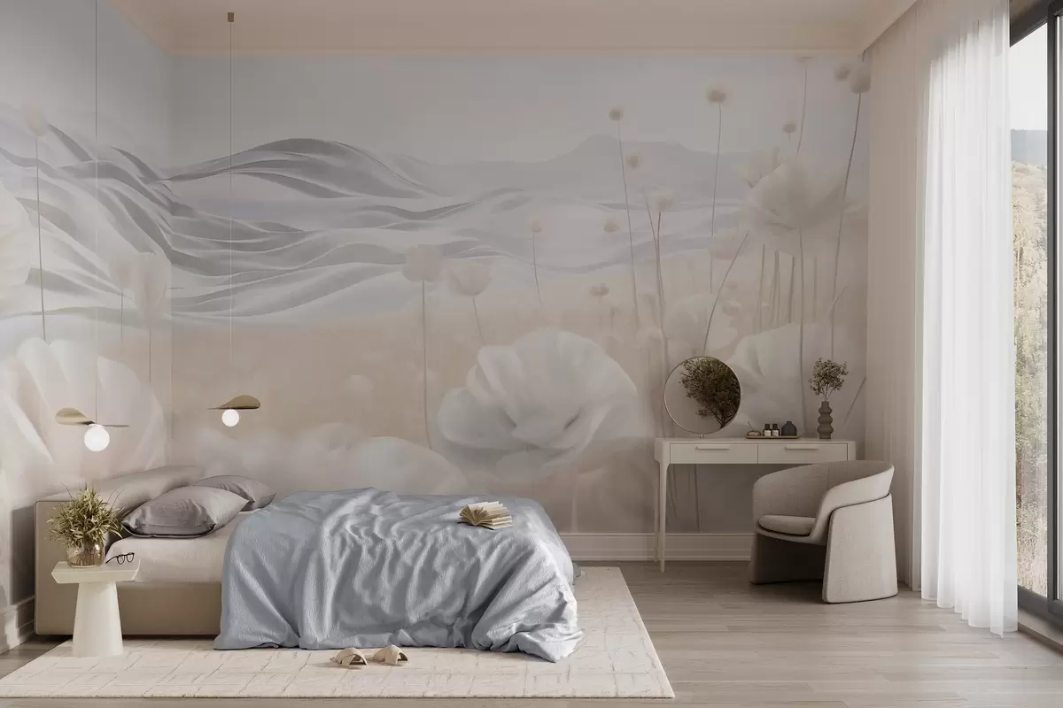 Fototapete Strukturiertes Feld mit cremefarbenen Mohnblumen und sanften Hügeln unter einem hellblauen Himmel mit weichen Wolken, Pastellfarben w09553