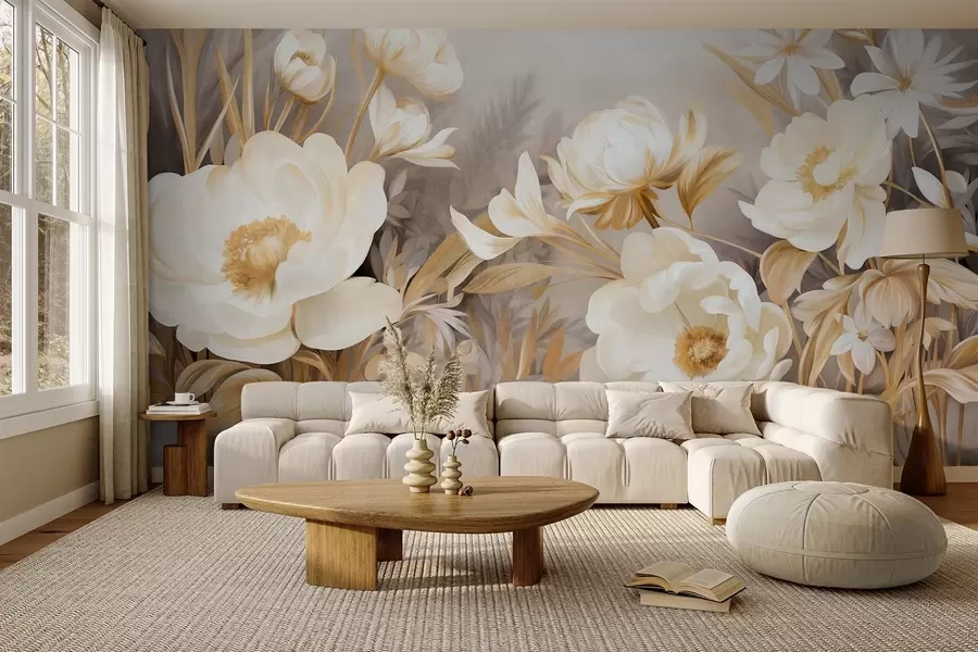 Fototapete Weiße und gelbe Pfingstrosen und andere Blumen mit hohem Gras und Blättern in einem weichen, malerischen Stil mit strukturierter Textur w09494