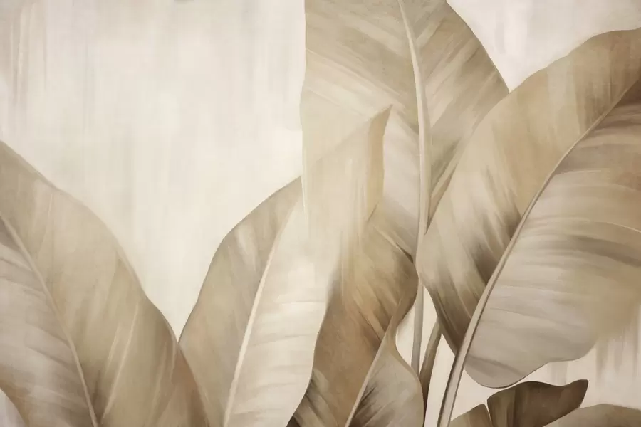 Fototapete Strukturierte, große, hellbraune Bananenblätter vor einem hellbeigen Hintergrund, mit einer weichen und minimalistischen Ästhetik w09586