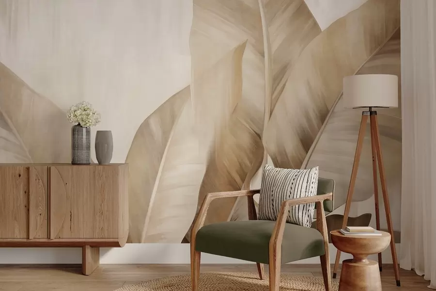 Fototapete Strukturierte, große, hellbraune Bananenblätter vor einem hellbeigen Hintergrund, mit einer weichen und minimalistischen Ästhetik w09586