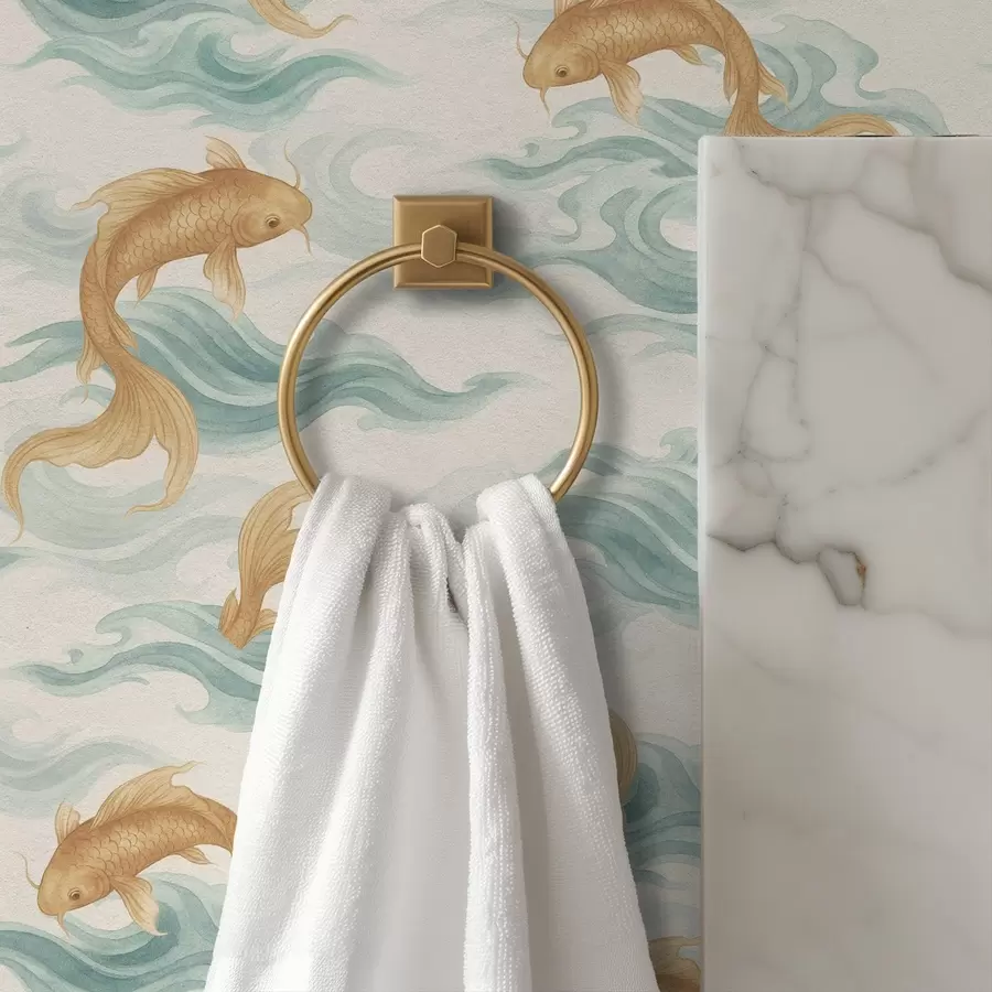 Fototapete Bernsteinfarbener Koi-Fisch schwimmt in sanften türkisfarbenen Wellen a00894