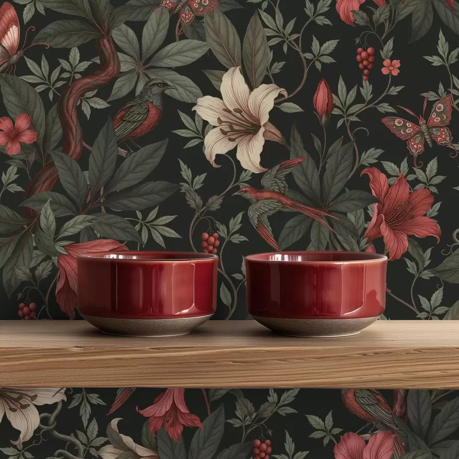 Fototapete Dunkle Dschungelblumen mit Vögeln und Schmetterlingen a00895