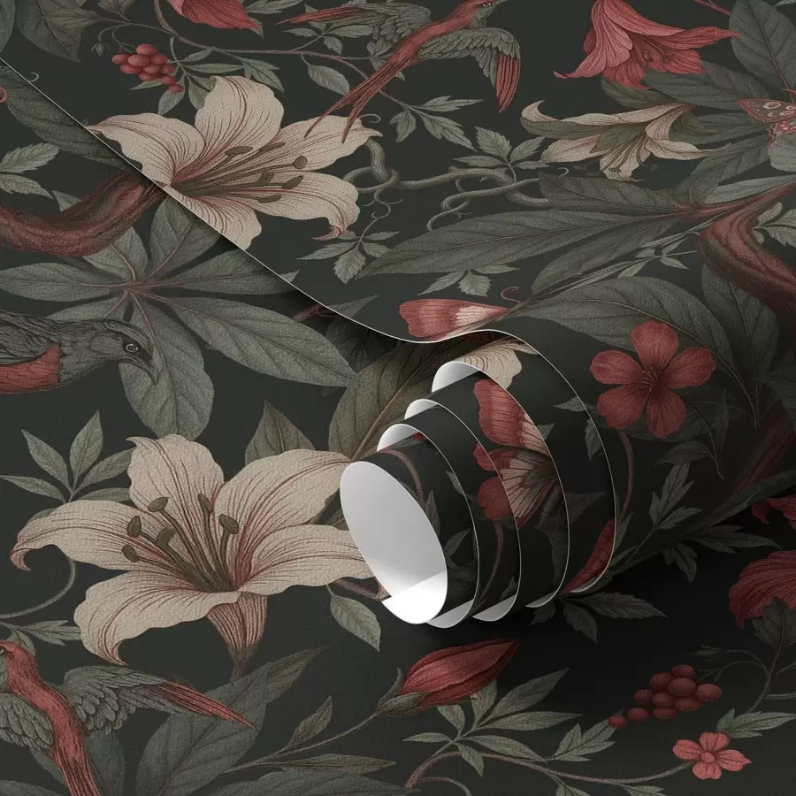 Fototapete Dunkle Dschungelblumen mit Vögeln und Schmetterlingen a00895