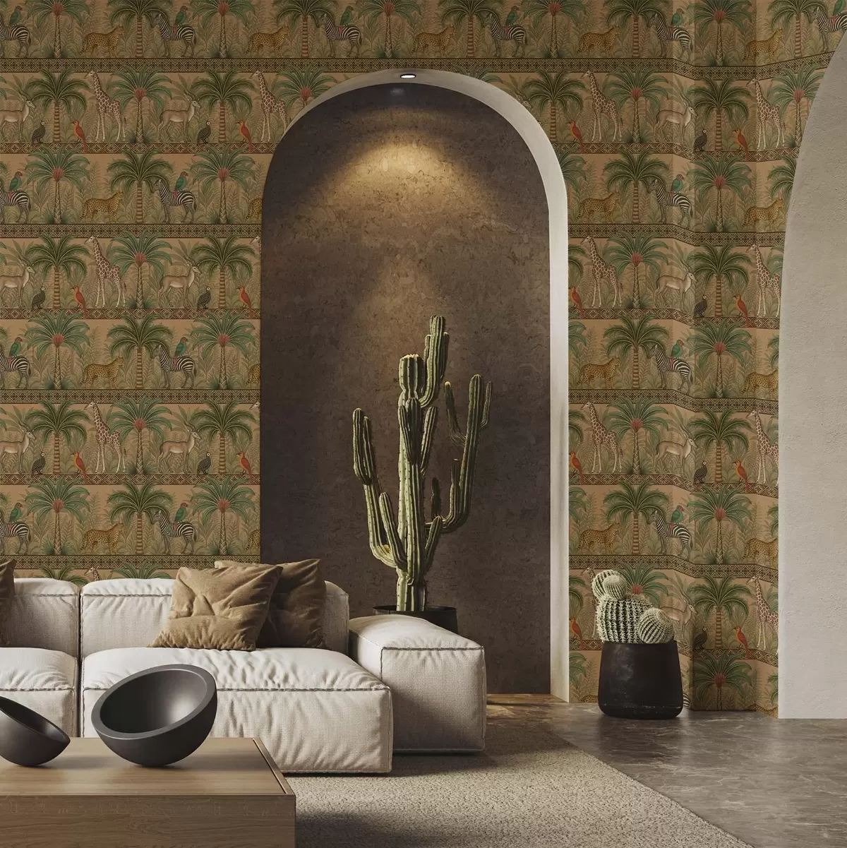 Tapete Dekorative Savannentiere zwischen Palmen und Bordüren a00898