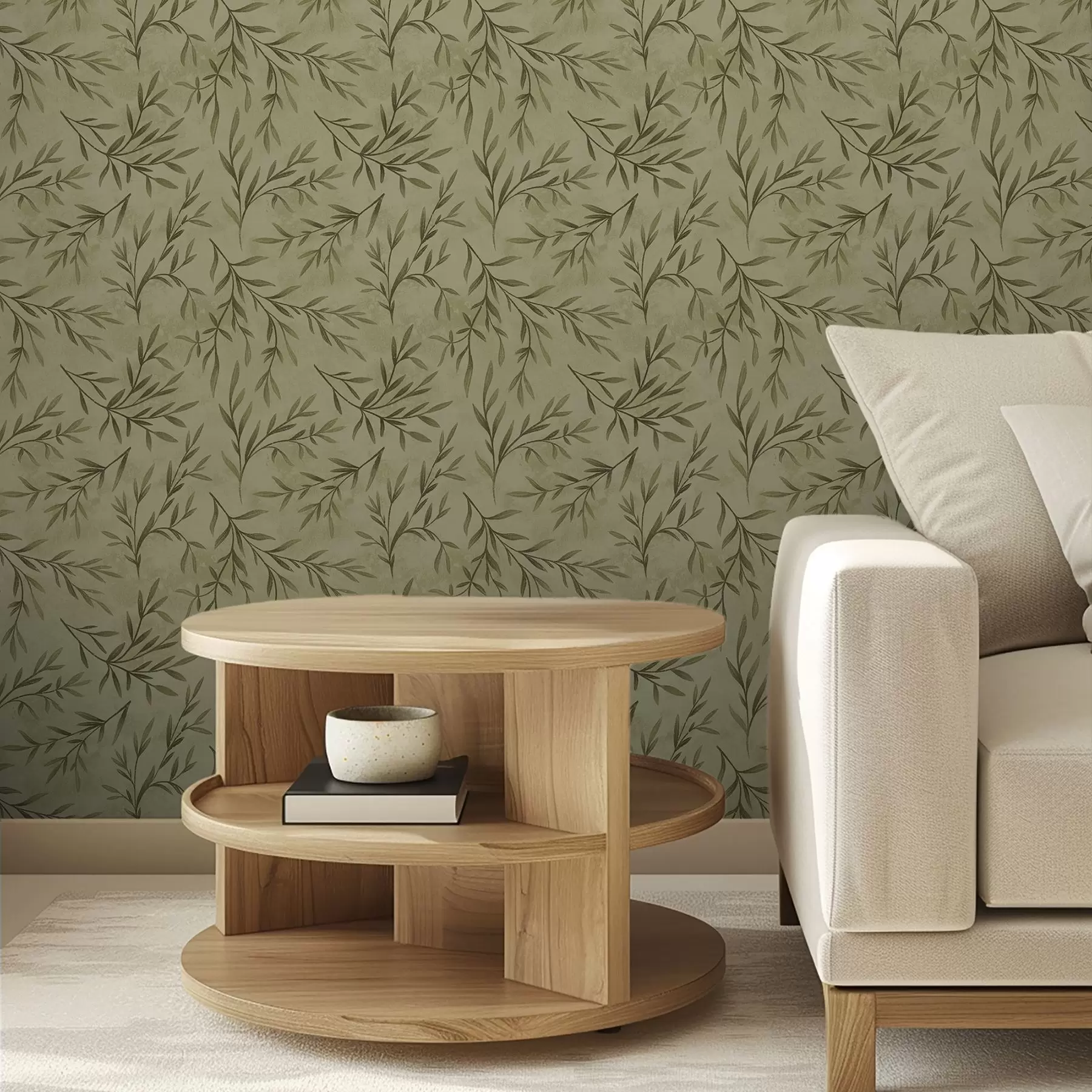 Fototapete Olivzweige auf einem gedeckten gelbgrünen strukturierten Hintergrund a00936