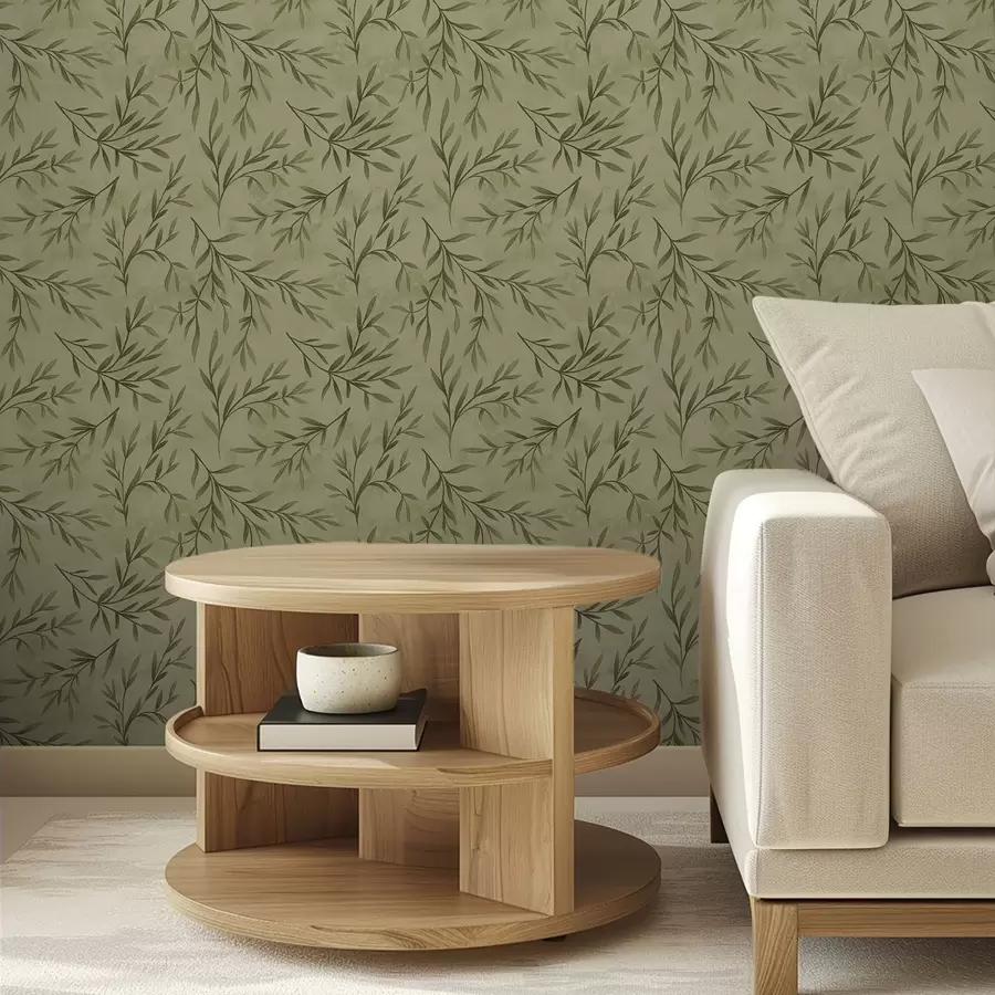 Fototapete Olivzweige auf einem gedeckten gelbgrünen strukturierten Hintergrund a00936