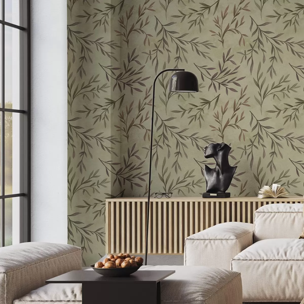 Tapete Lila und grüne Zweige mit Blättern auf warmem Hintergrund a00936v4