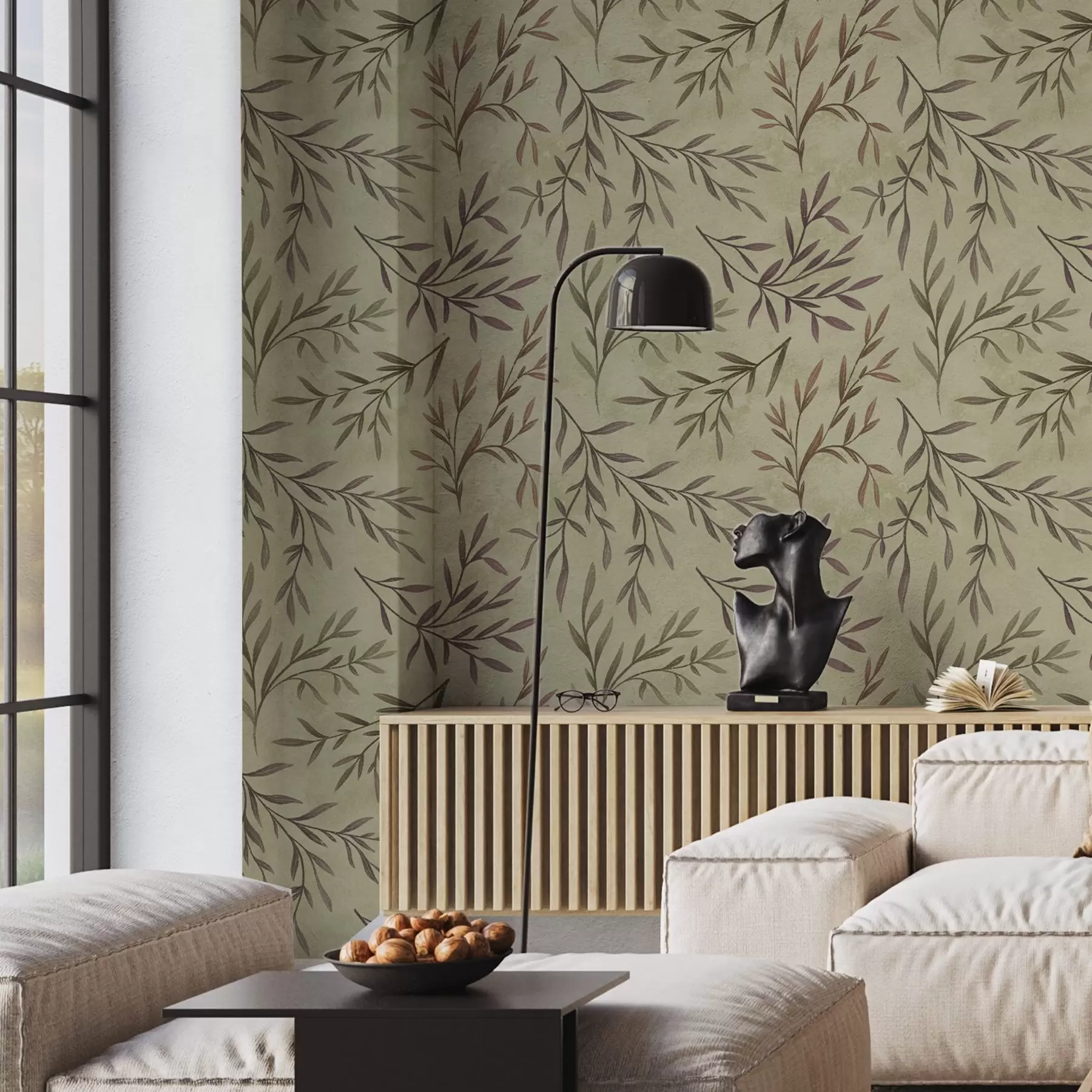 Fototapete Lila und grüne Zweige mit Blättern auf warmem Hintergrund a00936v4