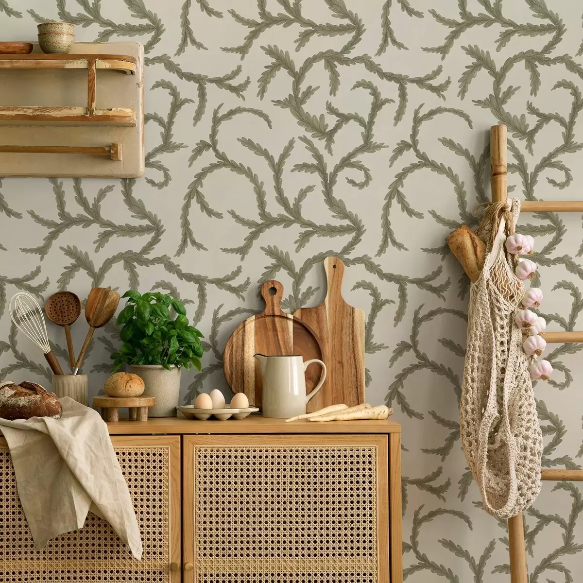 Tapete Weiche grüne Nadelbaumlocken auf hellem Hintergrund a00938