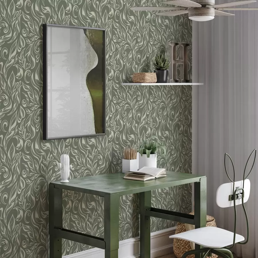 Fototapete Cremefarbenes Blattornament auf grünlich-grauem Hintergrund a00940v2