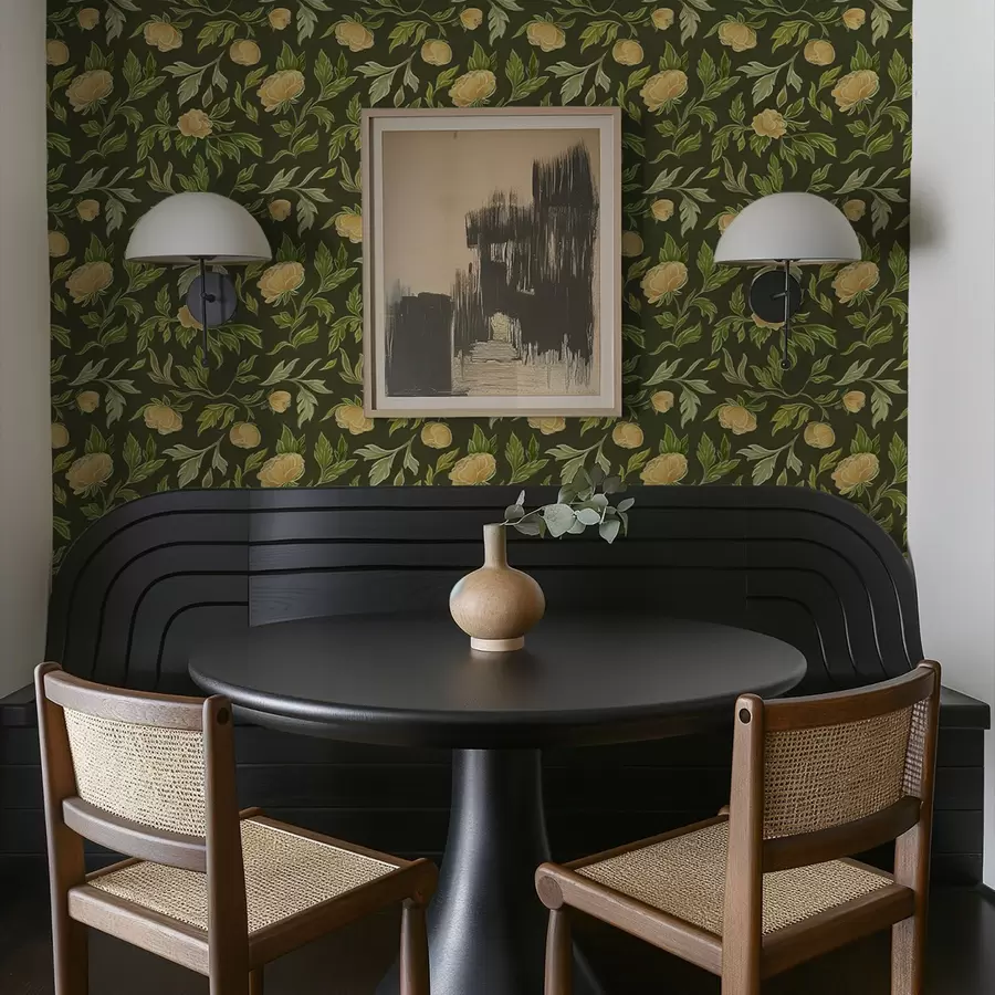 Fototapete Gelbe Pfingstrosen auf einem satten dunkelgrünen Hintergrund a00942v1