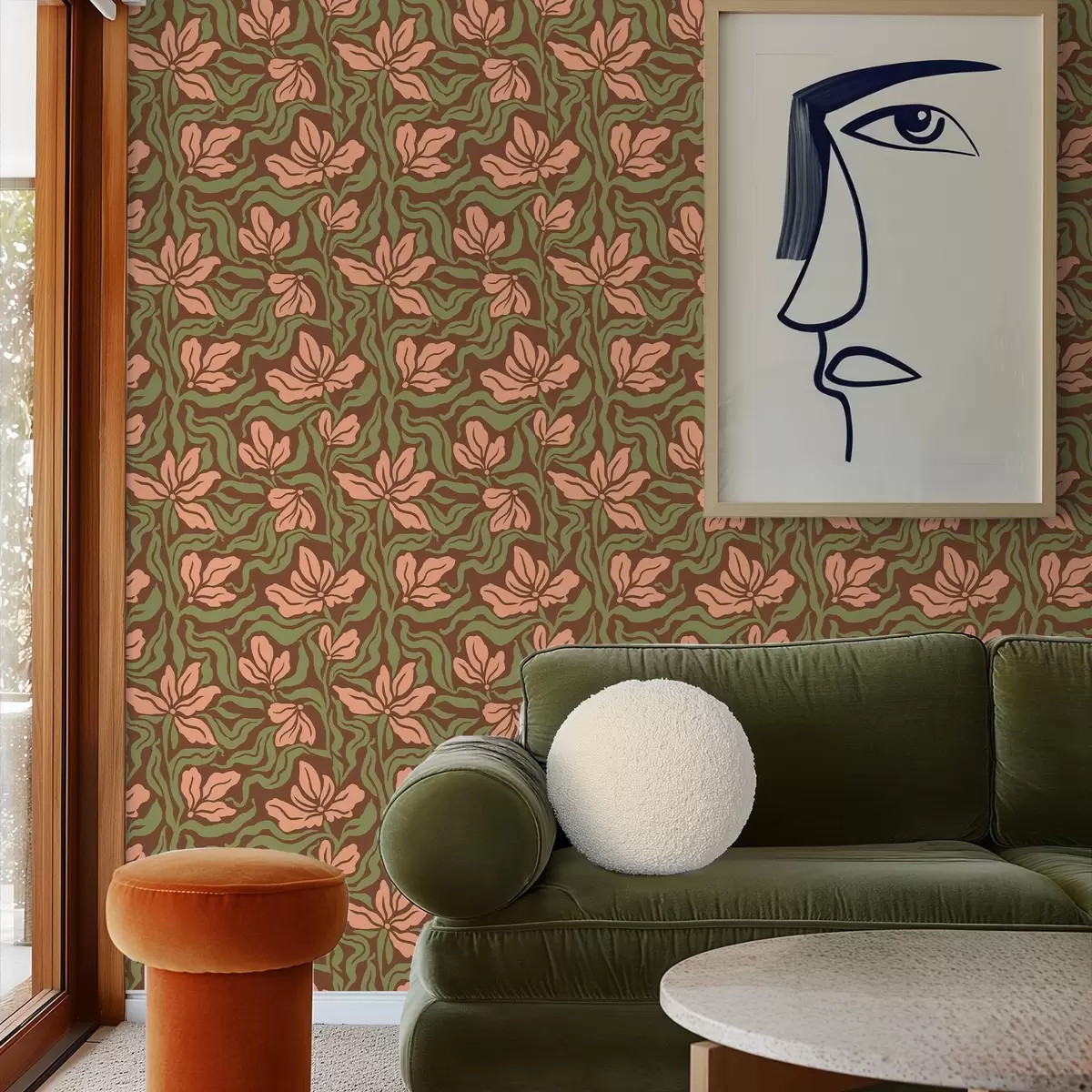 Tapete Pfirsichblüten und Grünpflanzen auf tiefbraunem Hintergrund a00958v2