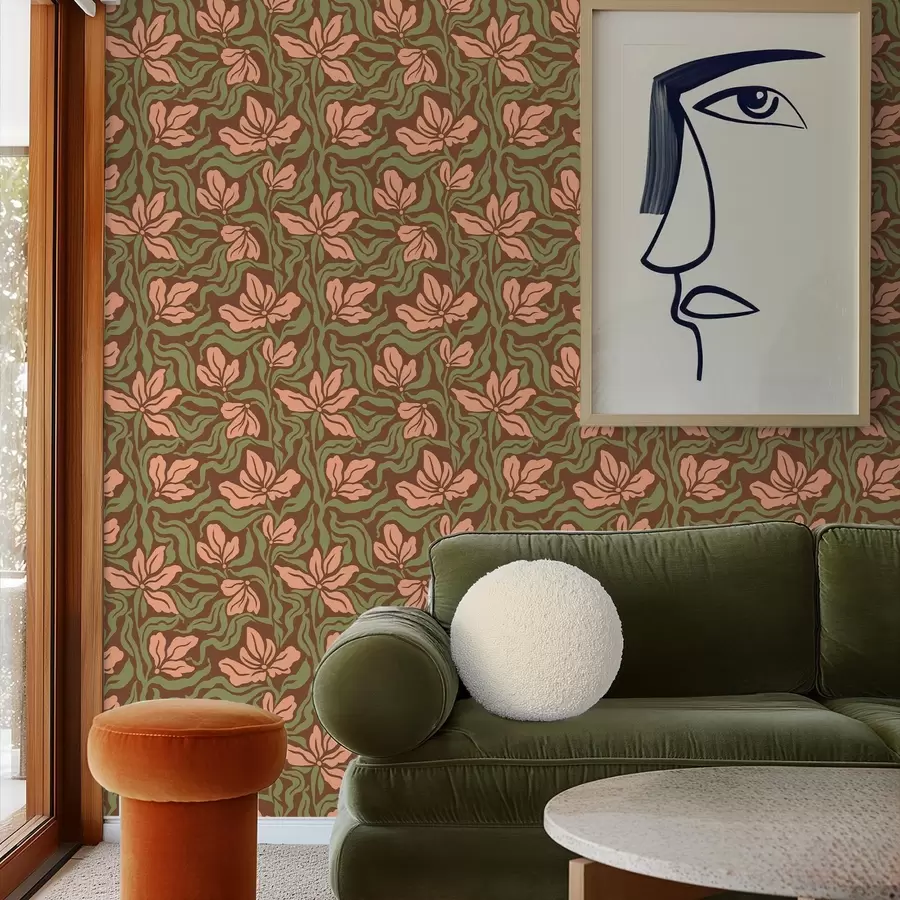 Fototapete Pfirsichblüten und Grünpflanzen auf tiefbraunem Hintergrund a00958v2