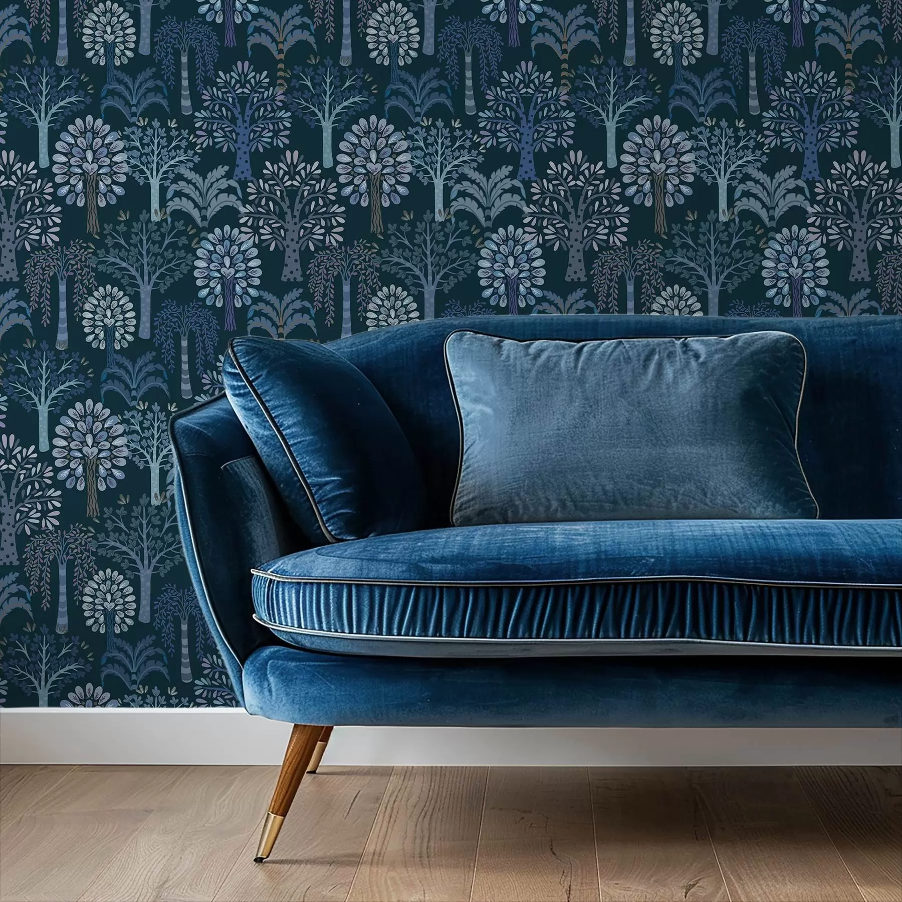 Fototapete Nachtwald mit dekorativen Bäumen in Blautönen a00960v2