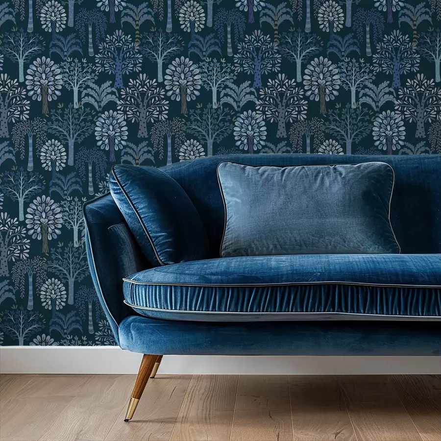 Fototapete Nachtwald mit dekorativen Bäumen in Blautönen a00960v2