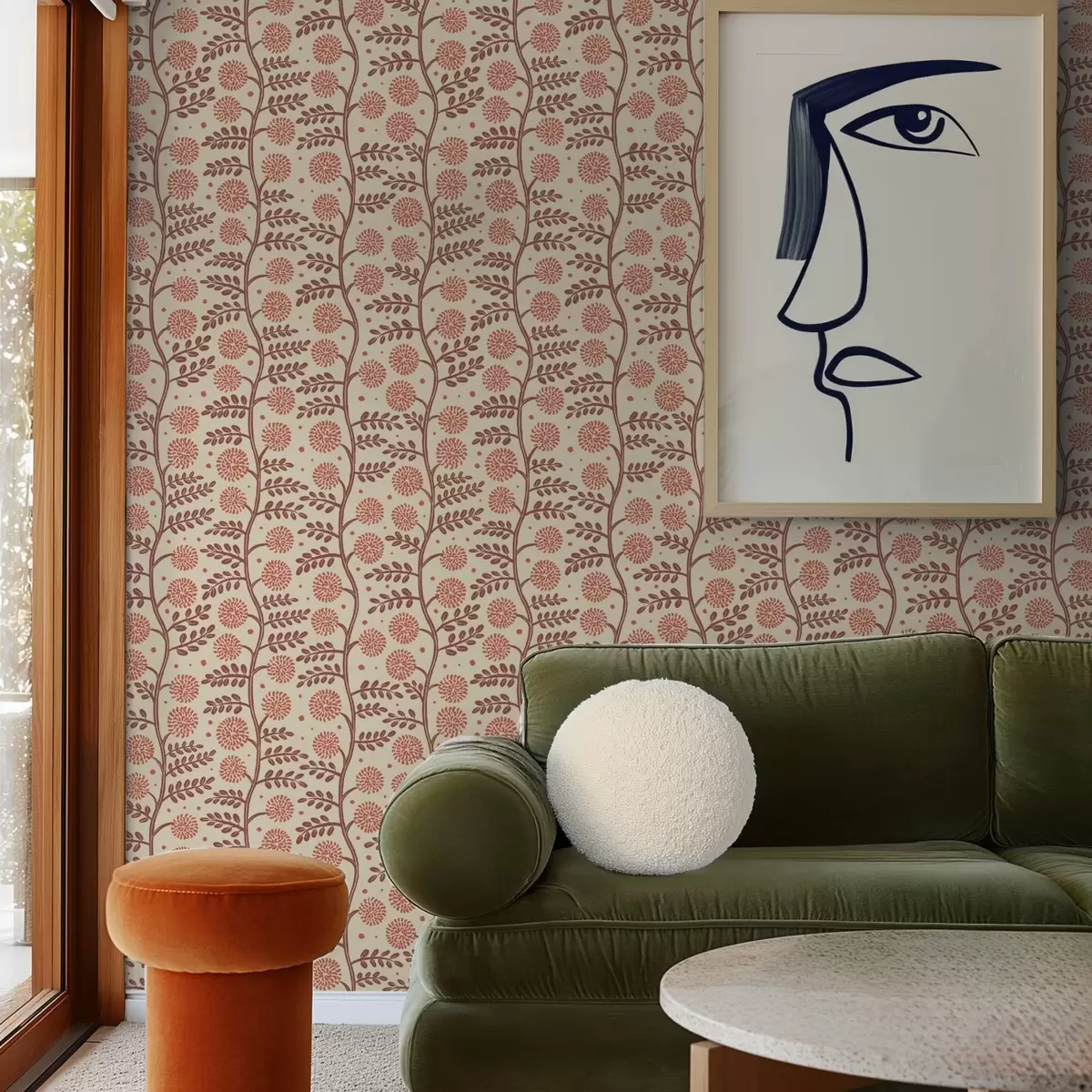 Tapete Terrakottafarbene Stiele mit korallenroten, flauschigen Blüten auf cremefarbenem Hintergrund a00997v1