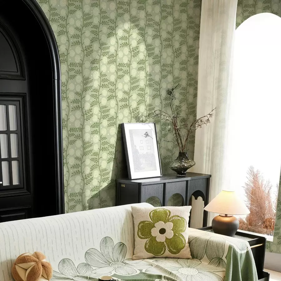 Fototapete Salbeigrüne Stiele mit elfenbeinfarbenen, flauschigen Blüten und Punkten a00997v2