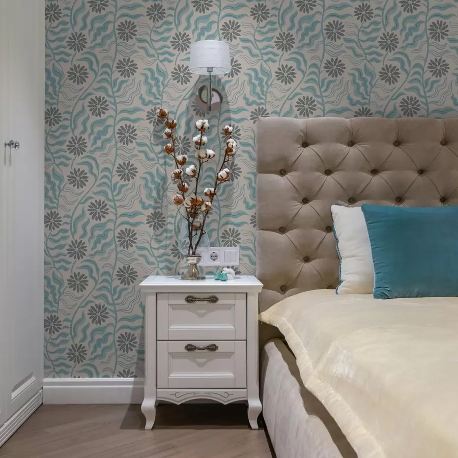 Fototapete Abstrakte Blumen und gewellte Blätter in sanften Blautönen a00998v1