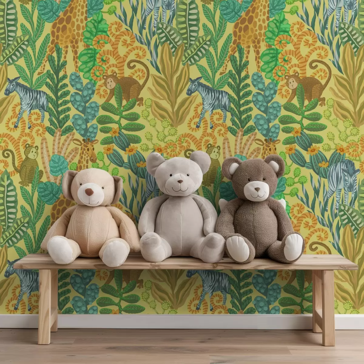 Tapete Giraffe, Zebra und Affe in einer leuchtend gelben Savanne a01000v1